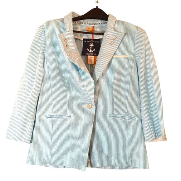 NWT CREMIEUX Lightblue & White Striped Searsucker Maya Blazer Jacket Sz … - Picture 1 of 13
